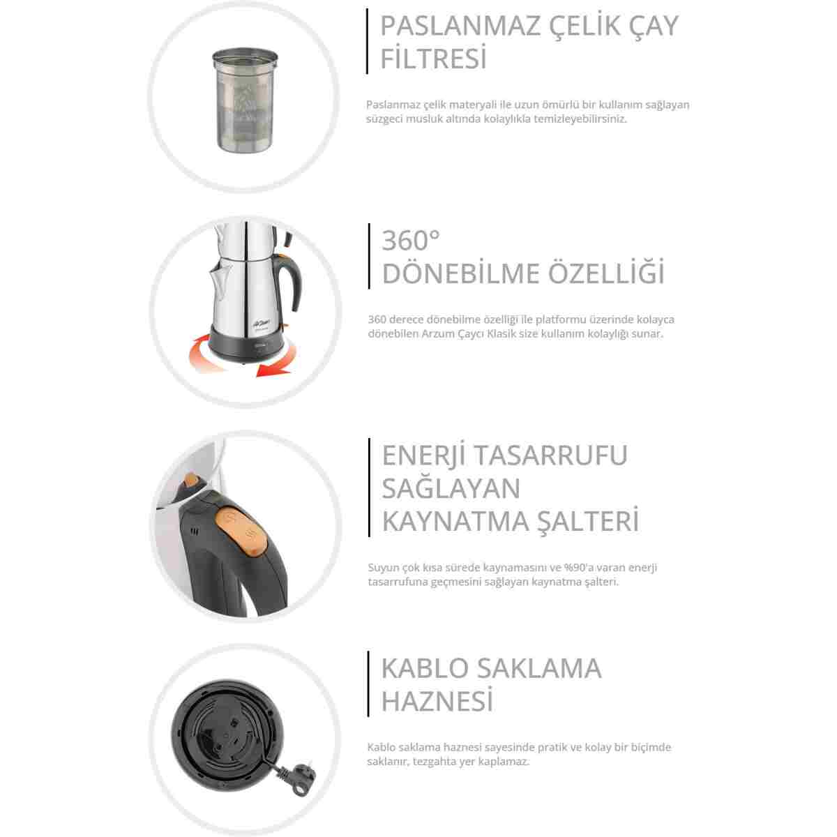 Arzum Ar3004-ınx Çaycı Klasik Paslanmaz Çelik Çay Makinesi - Inox - Görsel 4