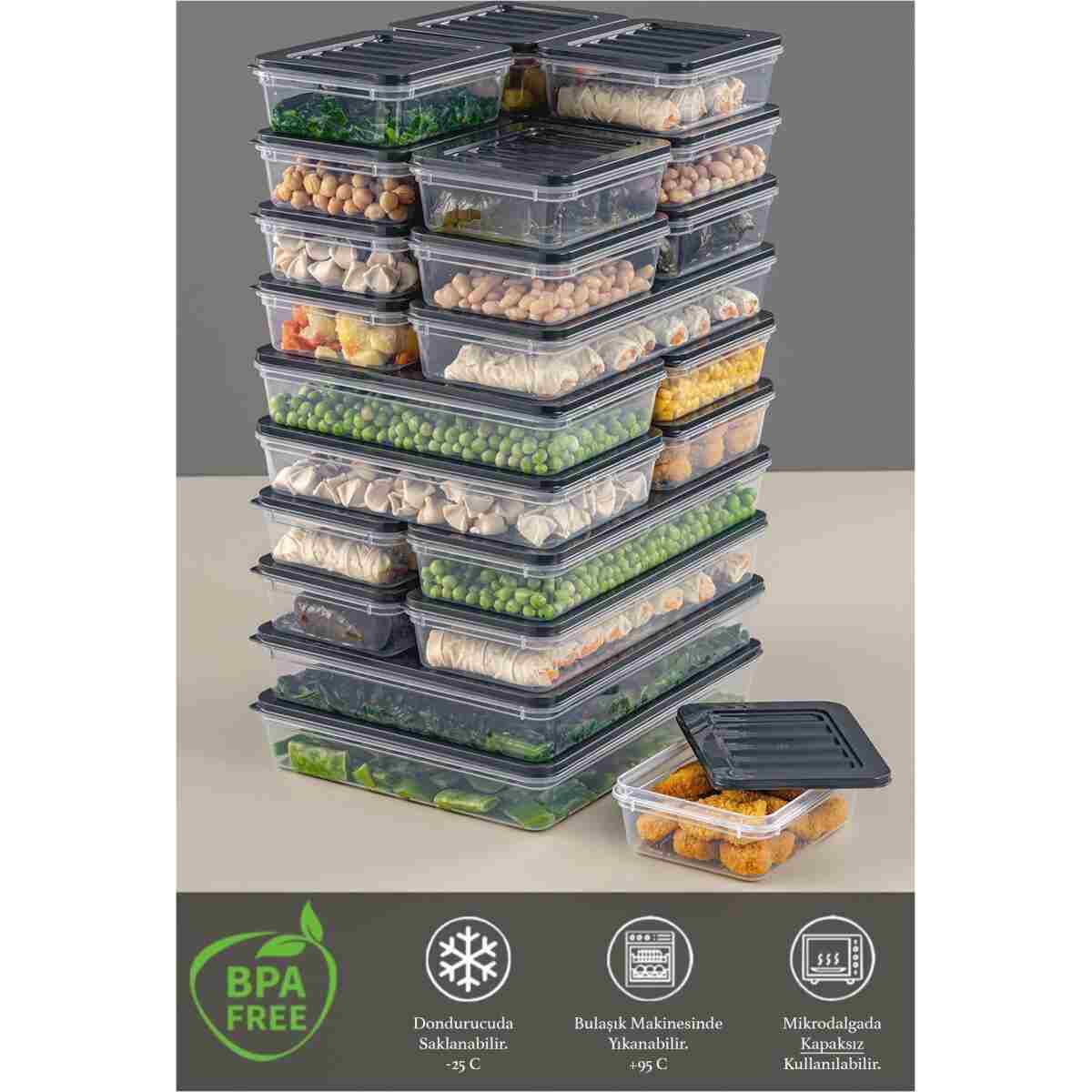 Meleni Home 24 Parça Saklama Kabı , Mikrodalga Uyumlu Saklama Kabı 2x2400Ml 4x1200Ml 6x1170Ml 12x600Ml Antrasit - Görsel 3