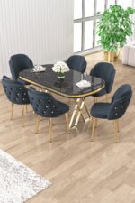 Canisa Zae Serisi 90x168 Lak Panel Siyah Mermer Desen Gold Ayak Masa Takımı 6 Gri Sandalye - Görsel 7