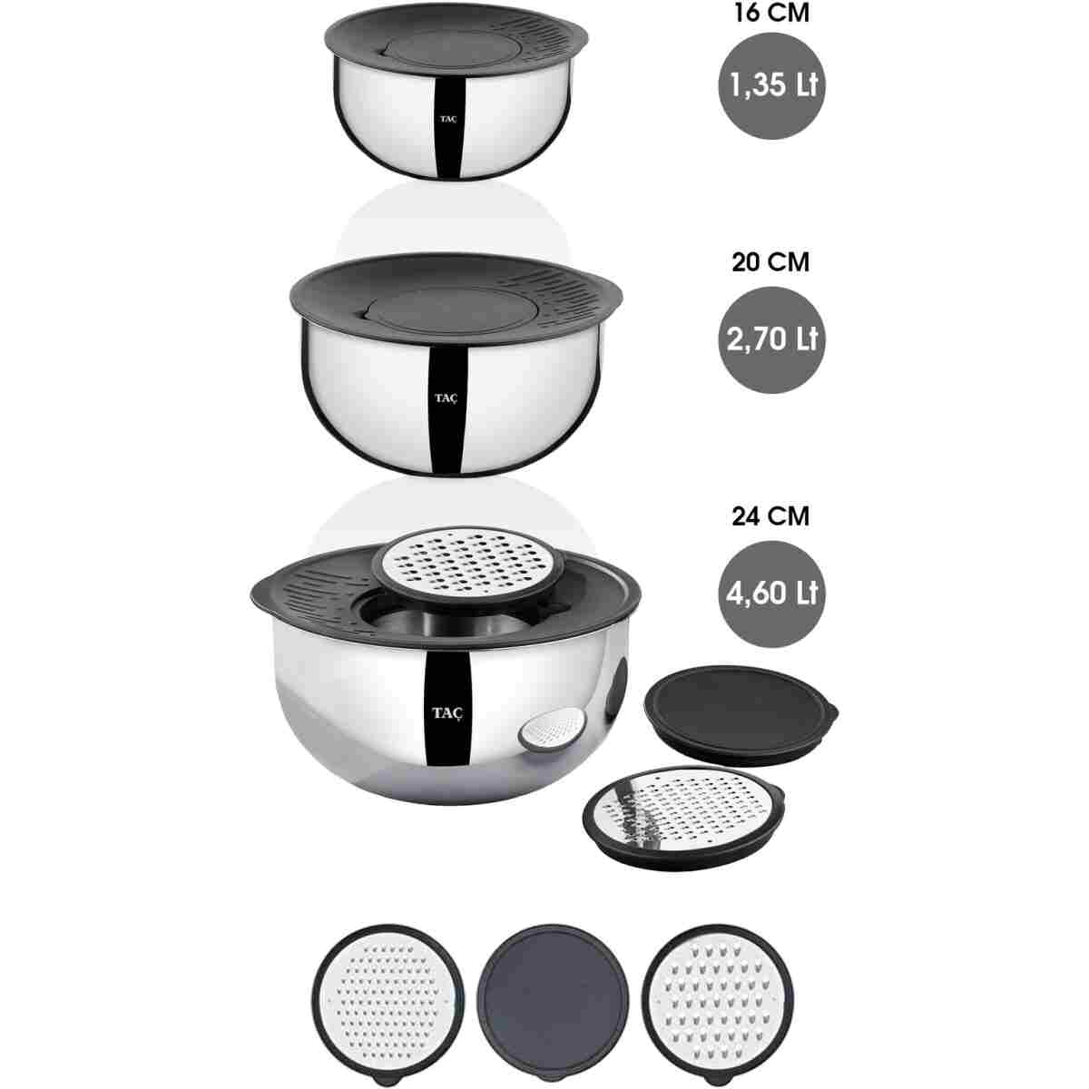 Taç MixMaster 9 Parça Rendeli Karıştırma ve Saklama Kabı (16-20-24 cm) - Görsel 3