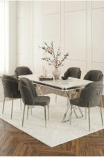 DEREN HOME Rigella Max Krom 80x130 MDF Sabit Masa Metal Ayak + 6 Adet Silinebilir Sandalye ACIK GRI - Görsel 5