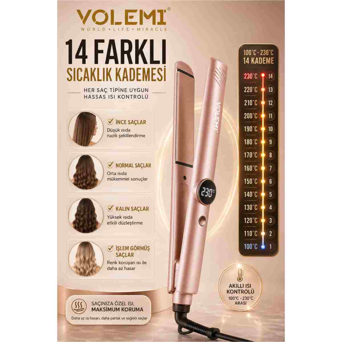 VOLEMİ V-074 Profesyonel Saç Düzleştirici 14 Kademeli Isı Ayarı Dijital LED Ekran Seramik Plaka 100-230°C - Görsel 4