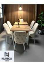 NUNKA HOME Şato Serisi Mutfak ve Salon Yemek Masası Takımı Krem +6 Sandalyeli Ceviz Renk Masalı - Görsel 3