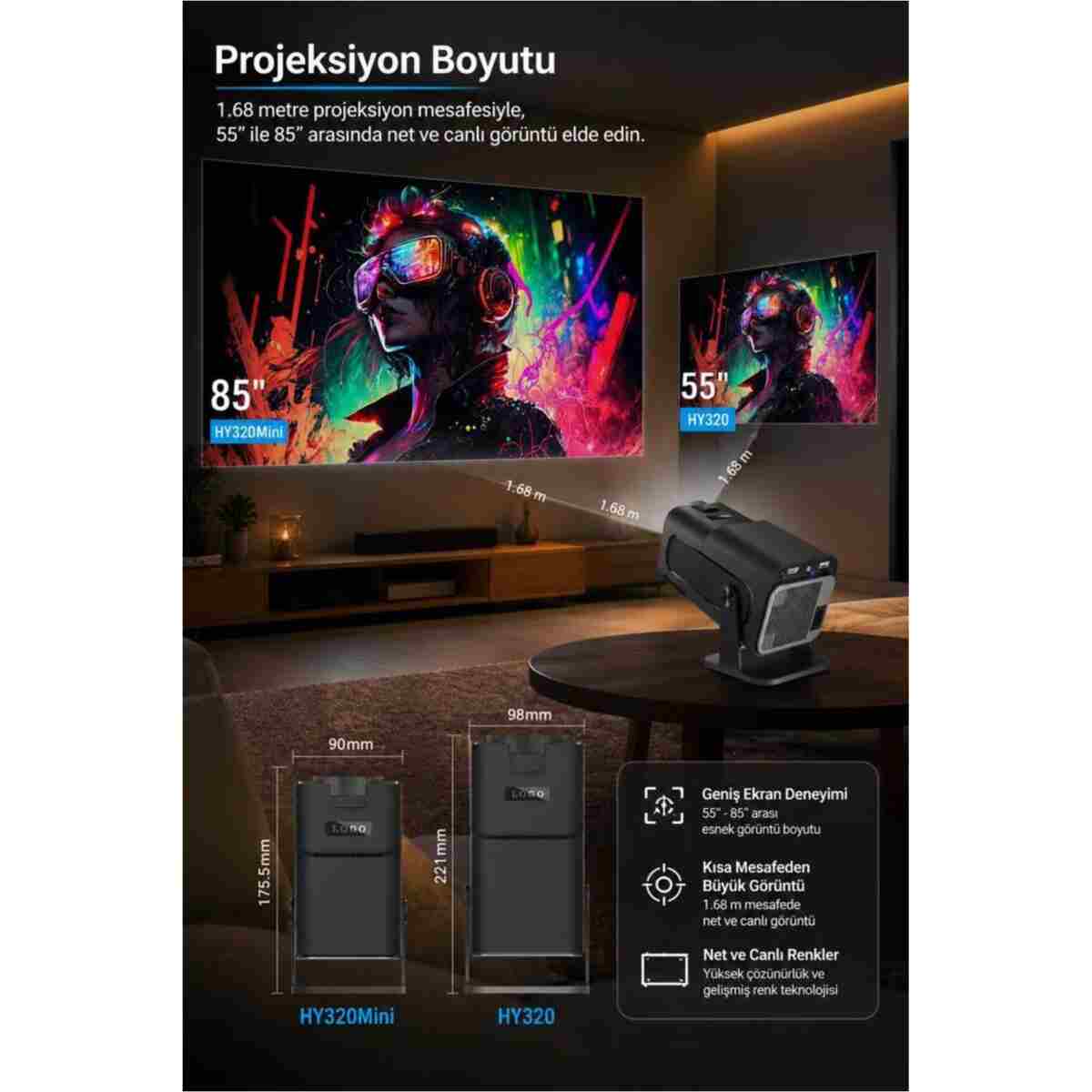 Torima Projeksiyon Cihazı Taşınabilir Ev Sineması Bluetooth Android Akıllı Projektör HY320 Mini Siyah - Görsel 9