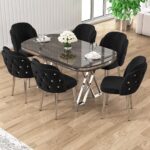 Canisa Zae Serisi 90x168 Lak Panel Antrasit Ironi krom Ayak Masa Takımı 6 Siyah Sandalye