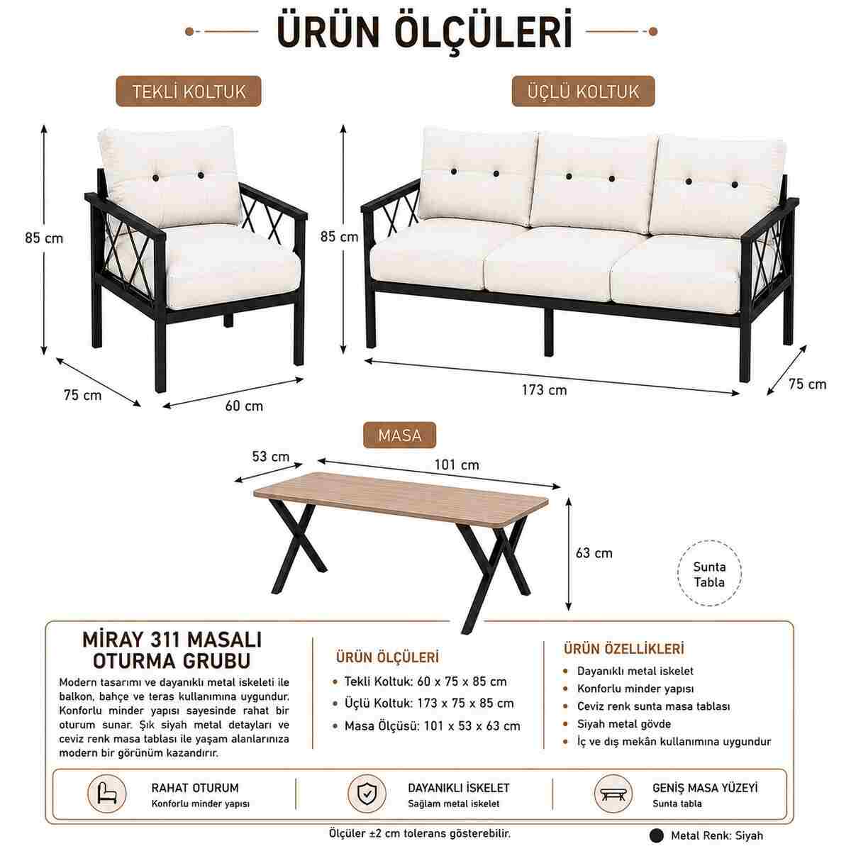UFUK HOME Miray 311 Masalı Gri Fermuarlı Bahçe Balkon Takımı, Salon, Teras- Berjer Düğmeli Metal Çay Seti - Görsel 3