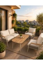 UFUK HOME Daisy Cappuccino Bej Makrome Örgülü 2+1+1 Masalı Bej Bahçe & Balkon Takımı