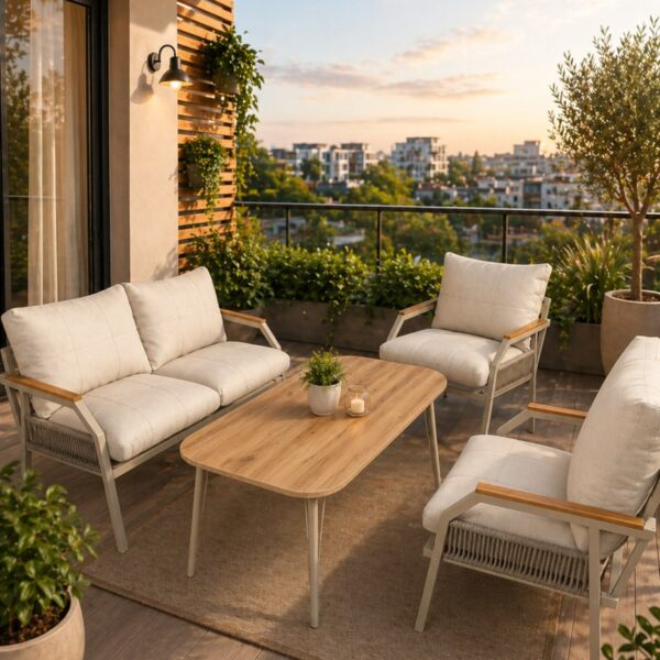 UFUK HOME Daisy Cappuccino Bej Makrome Örgülü 2+1+1 Masalı Bej Bahçe & Balkon Takımı