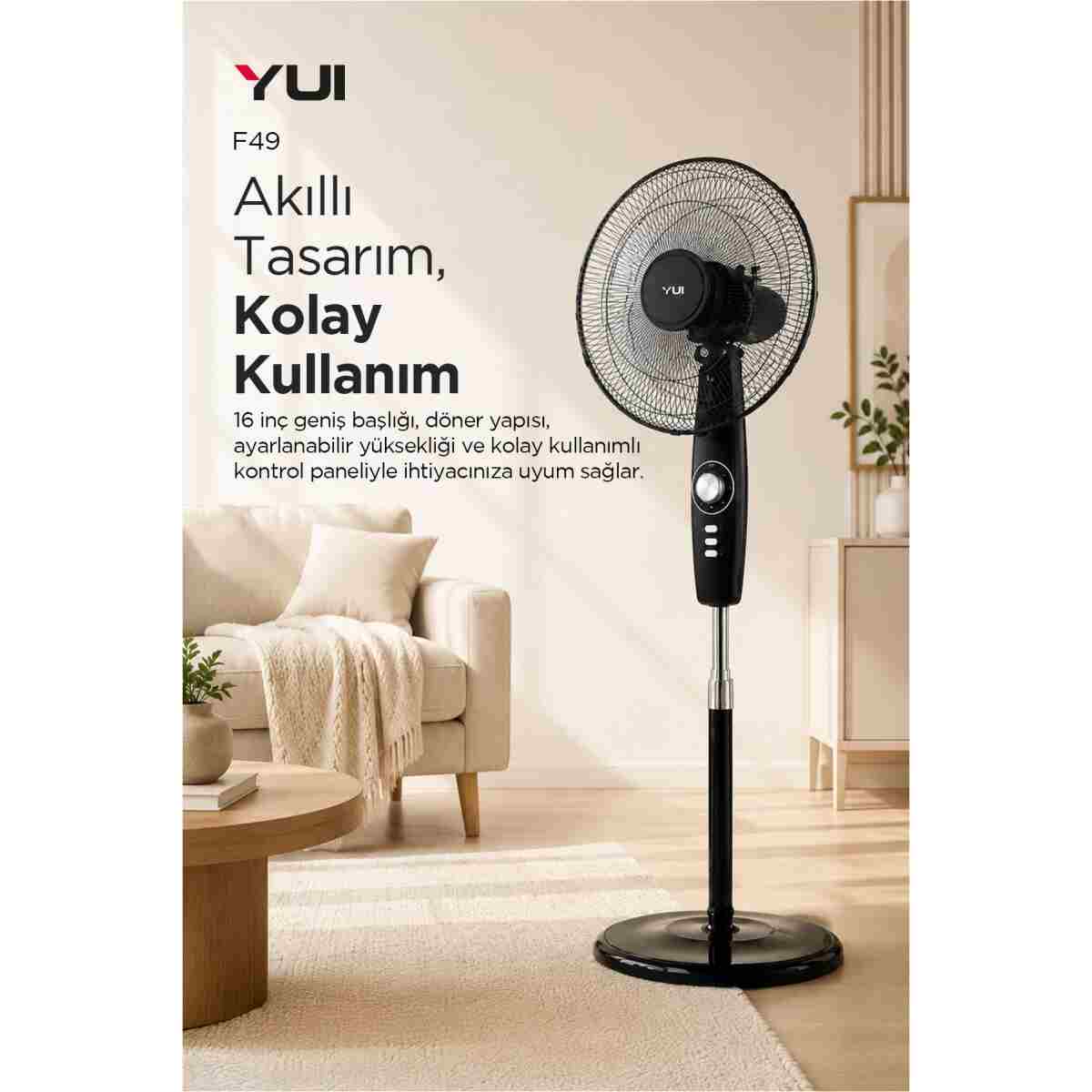 Yui F49 Siyah 16 Inç 50W 4 Kademe 5 Pervane Döner Başlıklı Vantilatör - Görsel 2