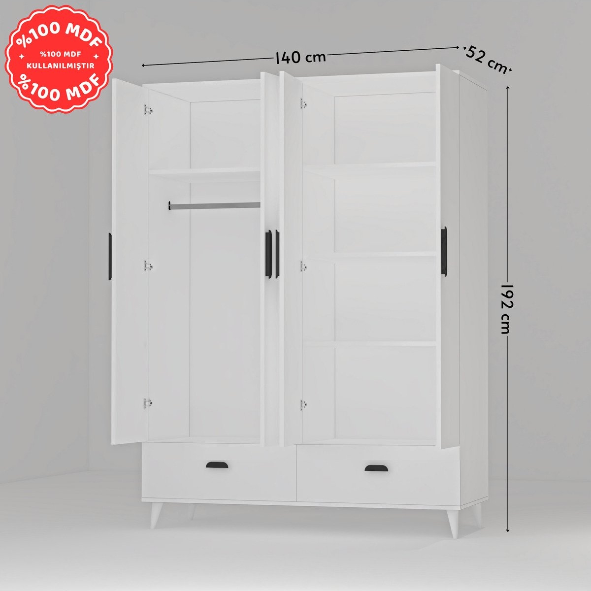 İMBAŞ İnci 4 Kapaklı 2 Çekmeceli Gardırop Beyaz %100 MDF - Görsel 4