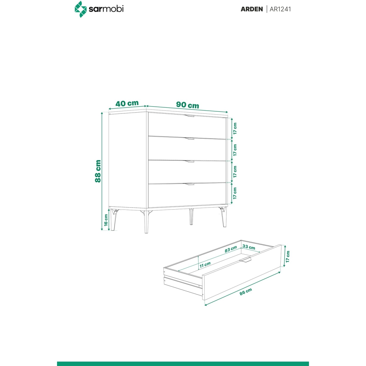 SARMOBİ Arden 4 Çekmeceli Şifonyer Y:88 G:90 D:40 / Atlas Çam - Görsel 5