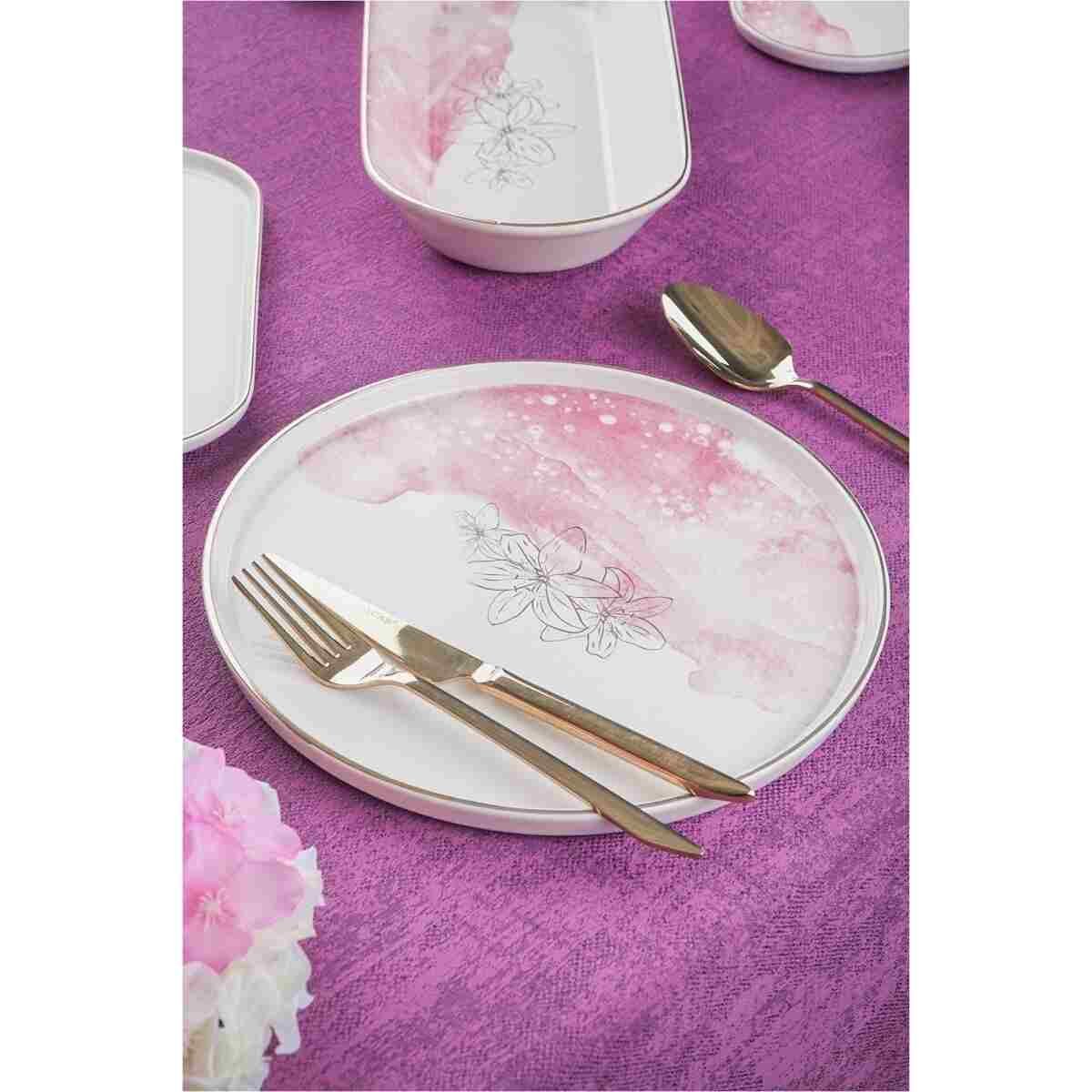 ACAR Adore 6 Kişilik 27 Parça Pembe Beyaz Çiçek Desenli Gold Yaldız Yemek Takımı 0490 - Görsel 4