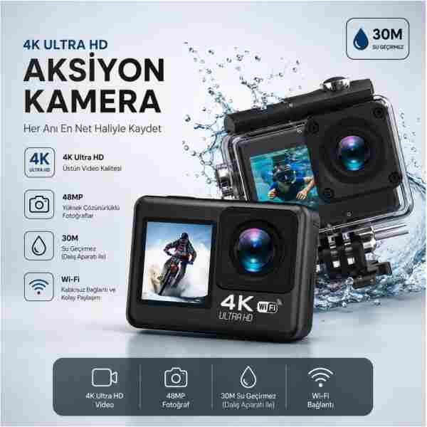 TARÇIN 4K Ultra HD WiFi Aksiyon Kamera | 20MP | 20 Parça Aksesuar | 170° Geniş Açı | Su Geçirmez Kılıf