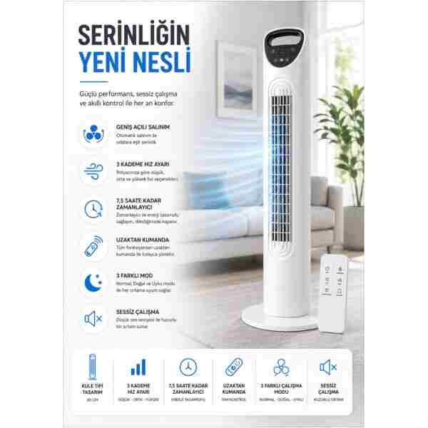 SMAYLİNG Sessiz Kule Vantilatör 80cm Uzaktan Kumandalı, 3 Hızlı, Salınımlı, Taşınabilir Fan