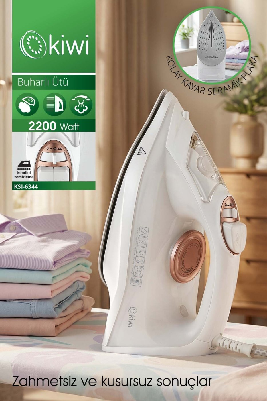 Kiwi KSI-6344 Buharlı Ütü | 2200 Watt, Seramik Taban, 90g Şok Buhar, 220ml Su Haznesi Beyaz