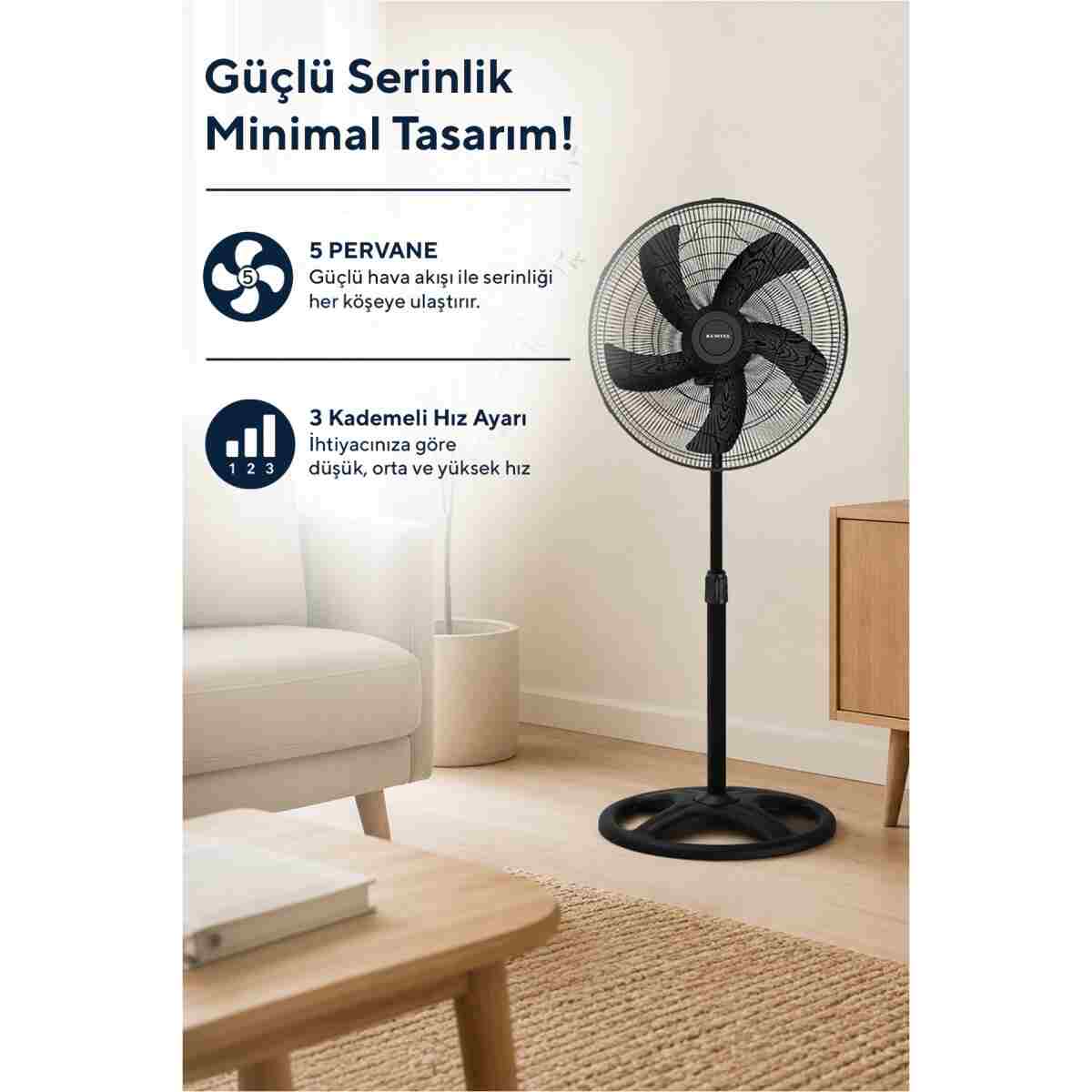 KUMTEL KTF-345 Siyah 18 İnç Ayaklı Vantilatör 60 W, 5 Pervaneli, 3 Kademeli, 132 cm - Görsel 9