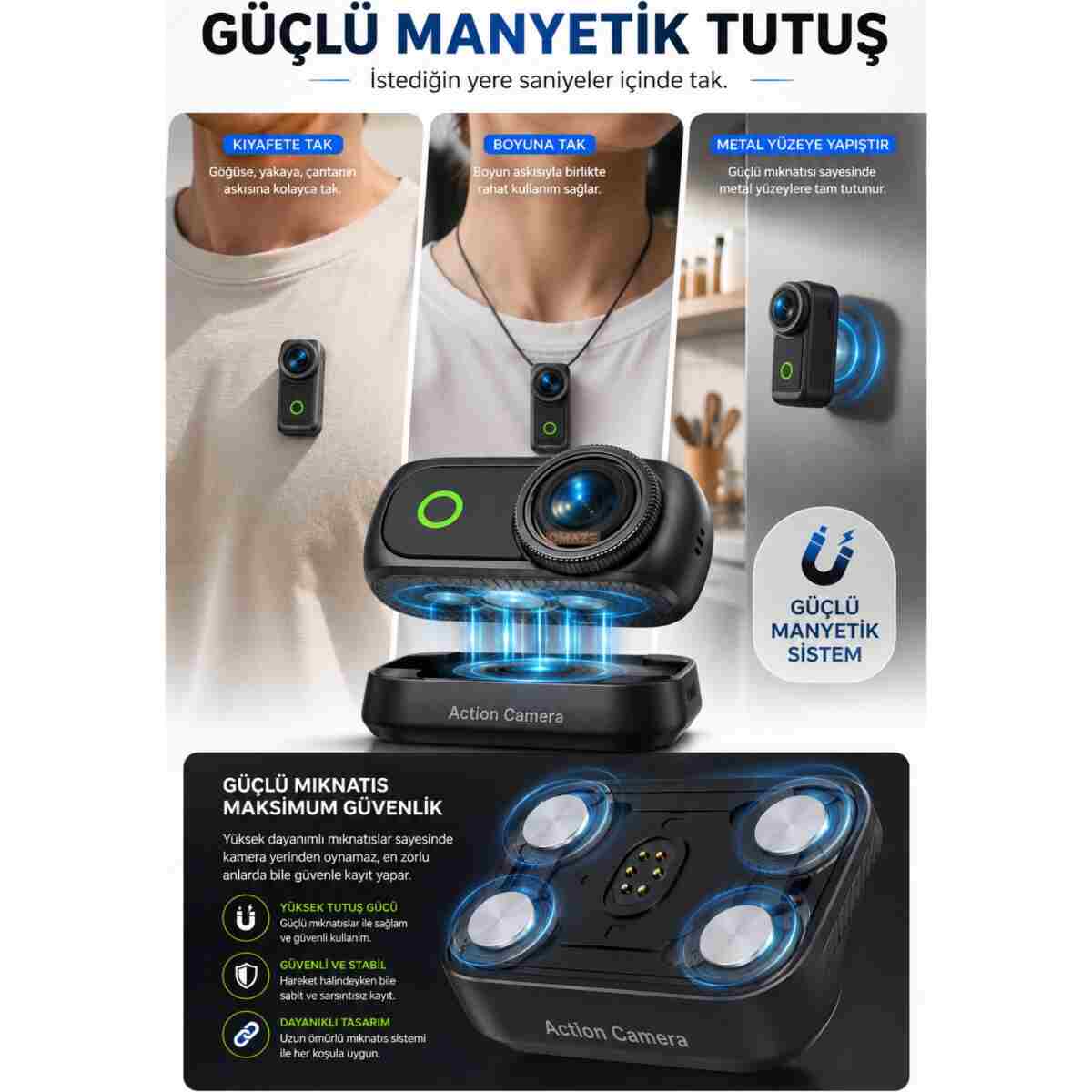Omaze 4K Ultra HD Hareketli Ekranlı Profesyonel Aksiyon Kamerası Manyetik Tutuş Flip Ekran Full Aparat - Görsel 10