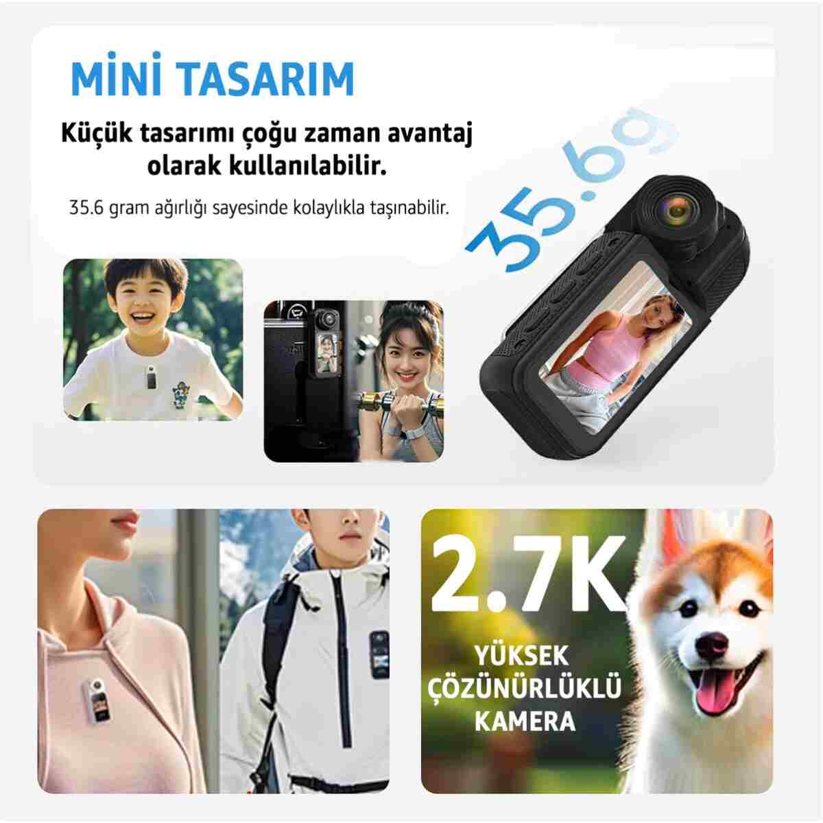ROBEVE Mini Taşınabilir Aksiyon Kamera – 2.7K Ultra HD, 180° Döner Lens, 1.47″ HD Ekran, Mıknatıslı - Görsel 4
