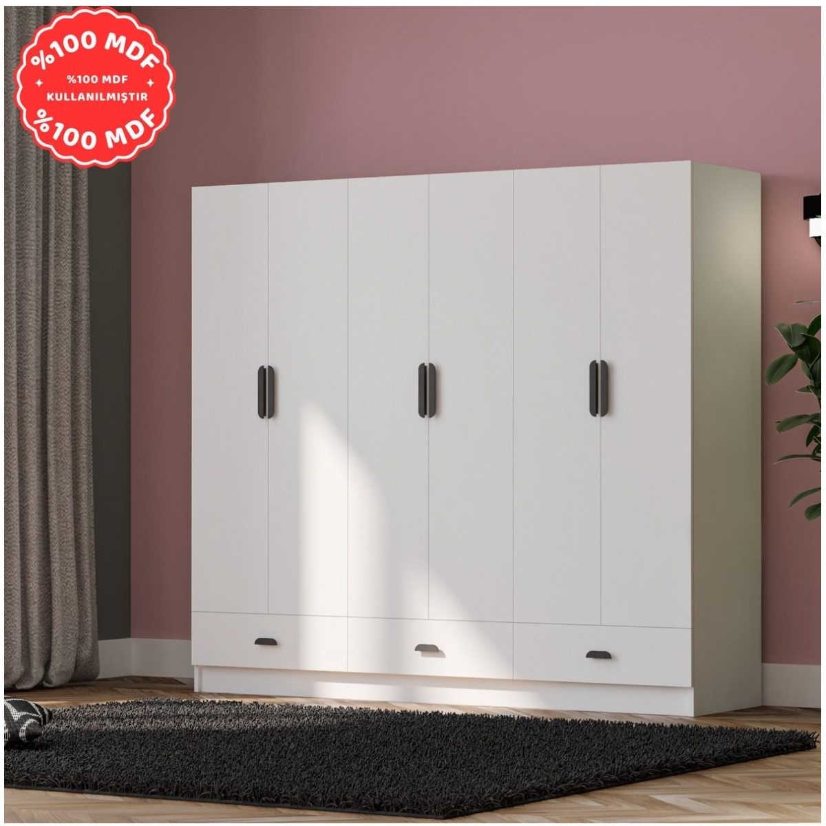 İMBAŞ İnci 6 Kapak 3 Çekmeceli Gardırop %100 MDF - Görsel 2