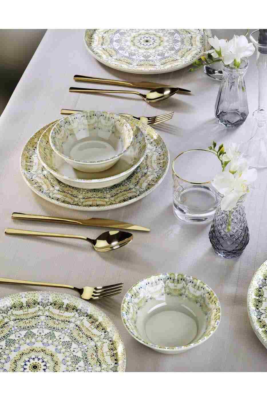 0792615ac11fd3745051e85729f0033a Kitchen Life 12 Parça 4 Kişilik Mozaik Bahçesi Porselen Yemek Takımı - New Bone Yemek Seti - Görsel 1