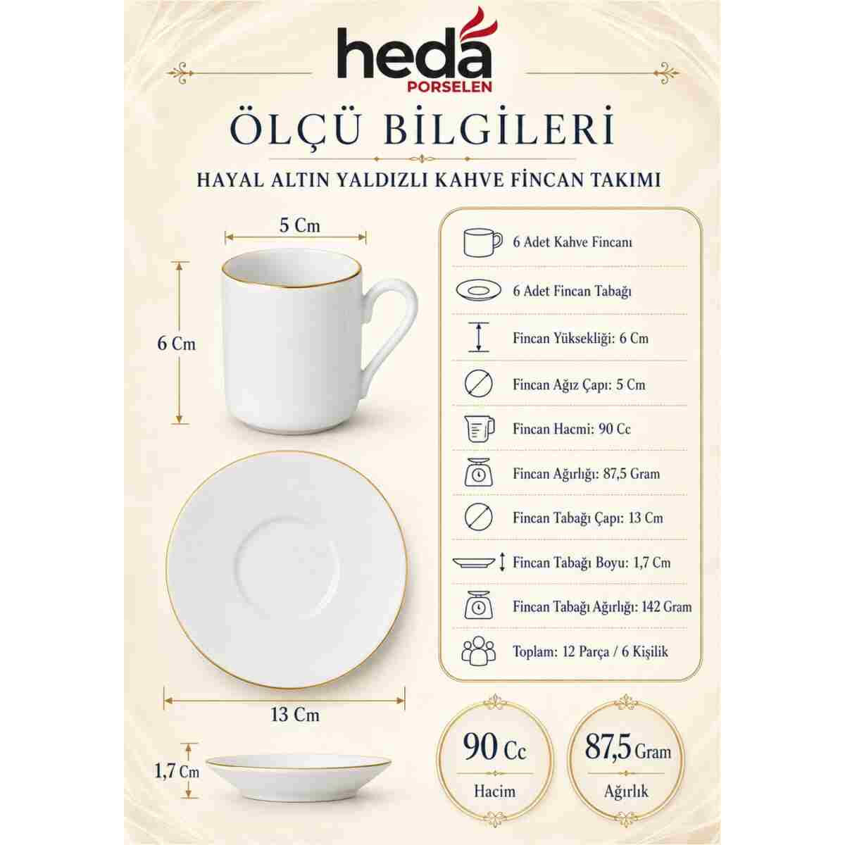 Heda Porselen Hayal Altın Yaldız 12 Parça 6 Kişilik Porselen Kahve Fincan Takımı Kırık Beyaz - Görsel 2