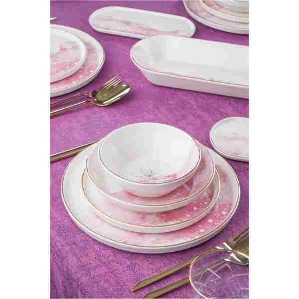 ACAR Adore 6 Kişilik 27 Parça Pembe Beyaz Çiçek Desenli Gold Yaldız Yemek Takımı 0490