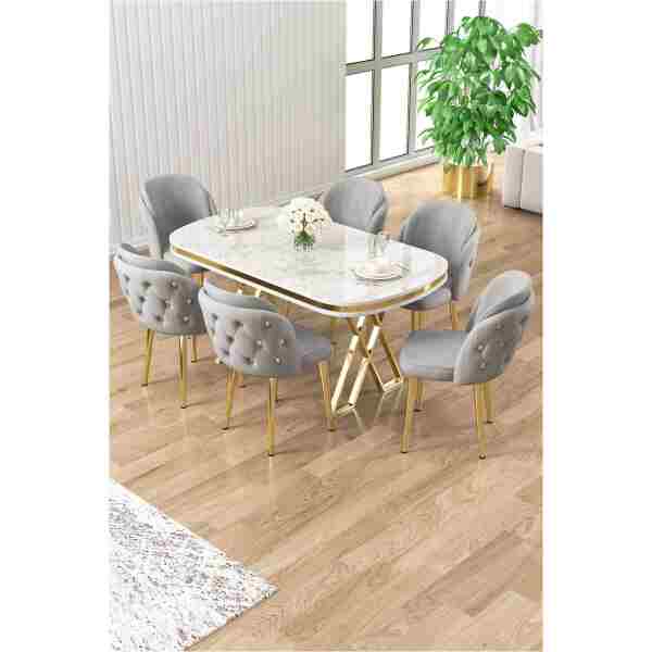 Canisa Zae Serisi 90x168 Lak Panel Beyaz Mermer Desen Gold Ayak Masa Takımı 6 Gri Sandalye