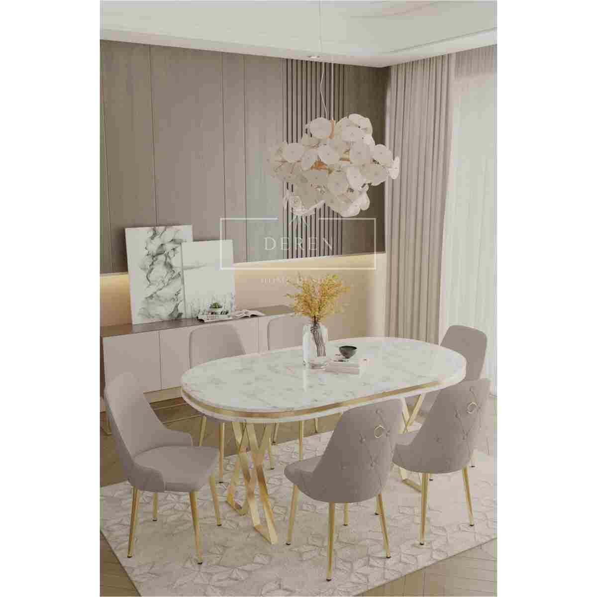 DEREN HOME Fe Serisi Lak Panel Mdf Beyaz Silinebilir Kumaş Gold Ayak Masa Takımı 6 Adet Krem Sandalye - Görsel 6