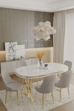 DEREN HOME Fe Serisi Lak Panel Mdf Beyaz Silinebilir Kumaş Gold Ayak Masa Takımı 6 Adet Krem Sandalye - Görsel 6