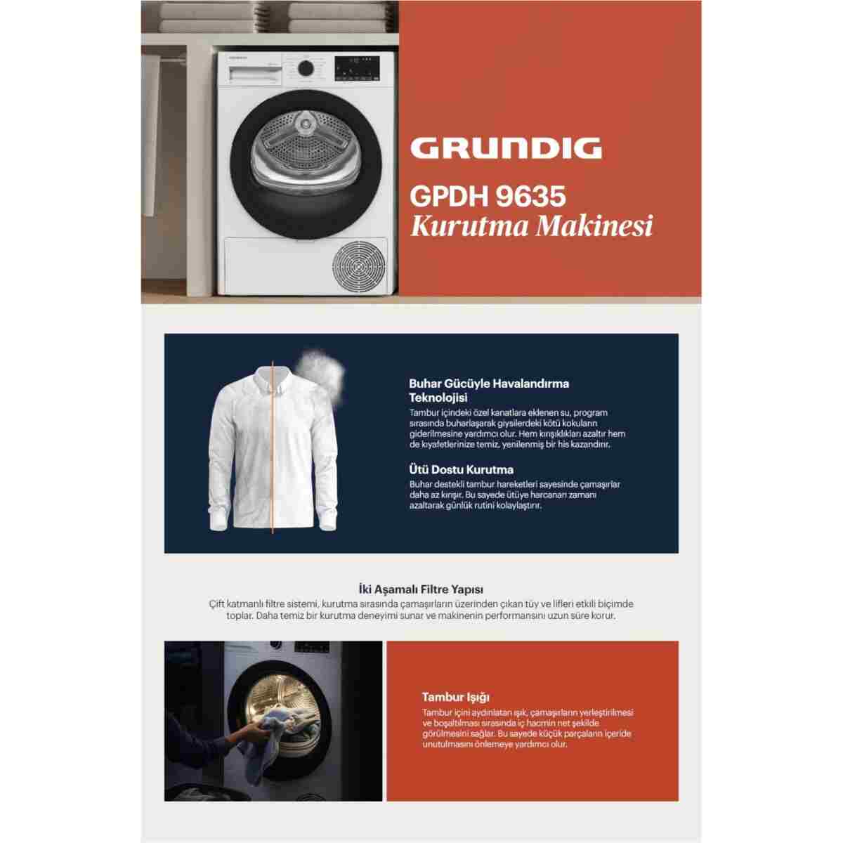 Grundig GPDH 9635 E Enerji Sınıfı 9 kg Isı Pompalı Kurutma Makinesi Beyaz - Görsel 4