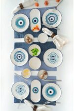 Genel Markalar 14 Parça 6 Kişilik Stackable Evil Eyes Handmade Kahvaltı Seti. Lüx Kahvaltılık Takımı