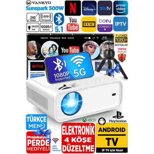 Vankyo Sunspark 500w Android Tv 1080p Destekli Projeksiyon Cihazı 5g Wi-fi 5.1 Bluetooth 240 Inç Yansıtma
