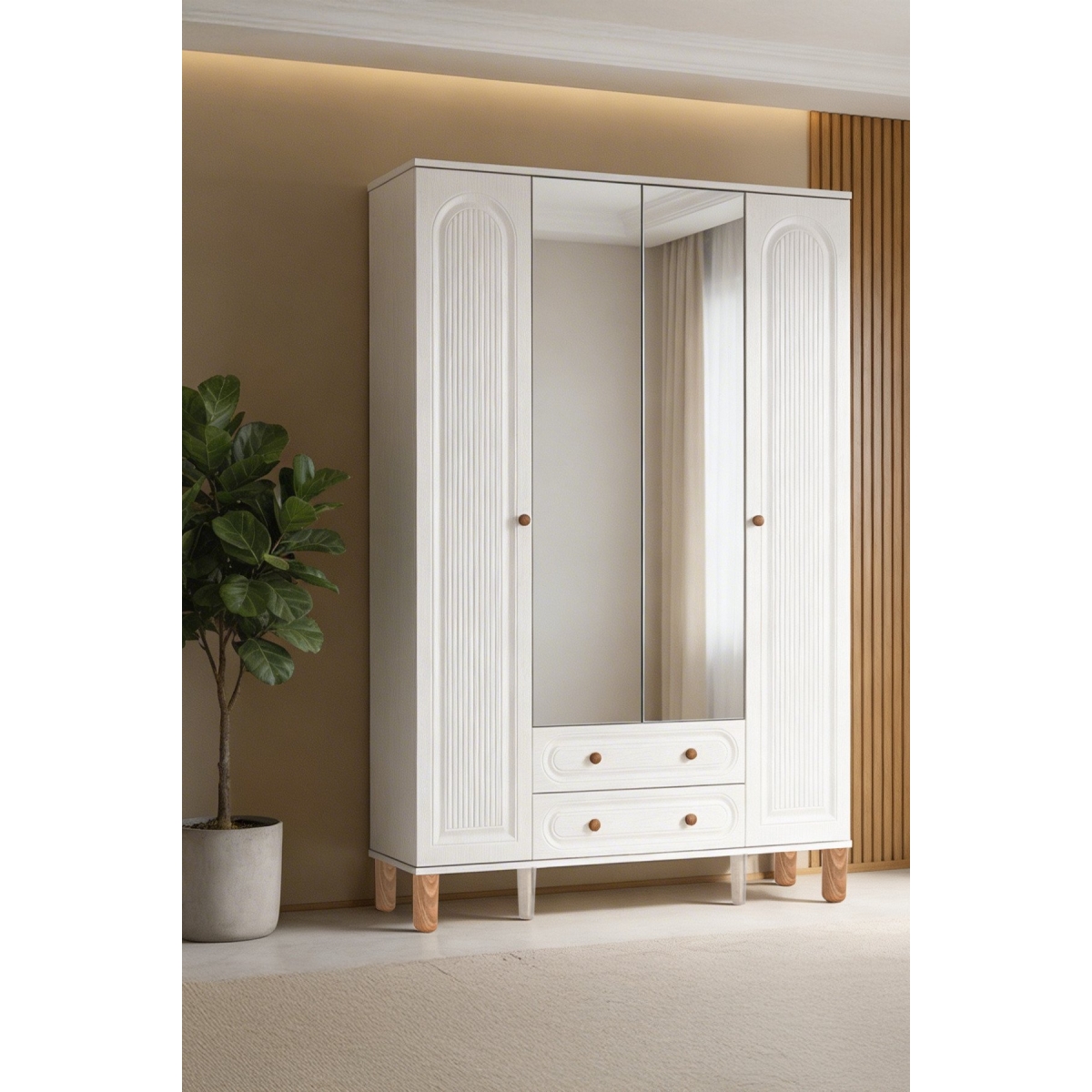 Kilim Mobilya Bohera Plus Aynalı Dört Kapaklı Dolap (MDF kapaklı, yüksek ayaklı, iki çekmeceli, 200cm yükseklikte) - Görsel 11