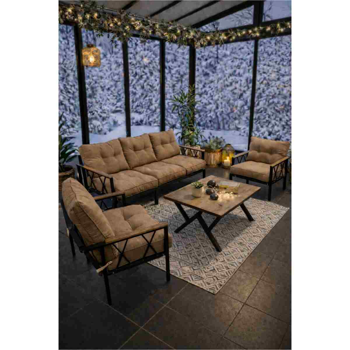 UFUK HOME Miray 311 Masalı Gri Fermuarlı Bahçe Balkon Takımı, Salon, Teras- Berjer Düğmeli Metal Çay Seti - Görsel 5