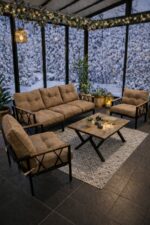 UFUK HOME Miray 311 Masalı Gri Fermuarlı Bahçe Balkon Takımı, Salon, Teras- Berjer Düğmeli Metal Çay Seti - Görsel 5