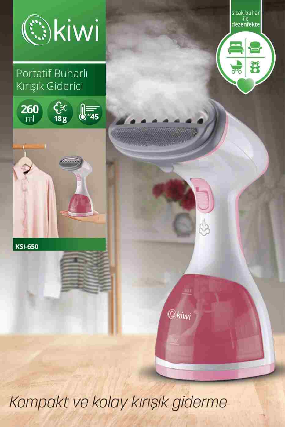 0a3acd649c086776b7d9db907fe7e386 Kiwi Ksı 6450 Portatif Buharlı Kırışık Giderici Dikey Ütü 1200w - Pembe - Görsel 1