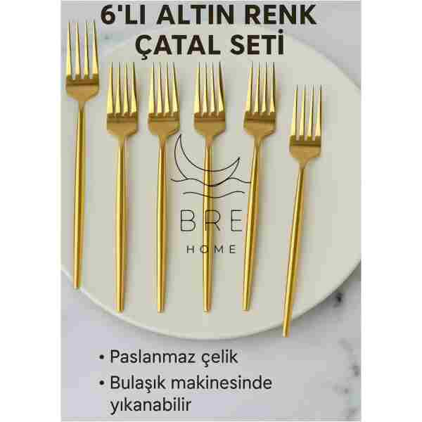 BRE HOME 6 adet paslanmaz çelik gold titanyum kaplama yemek çatalı