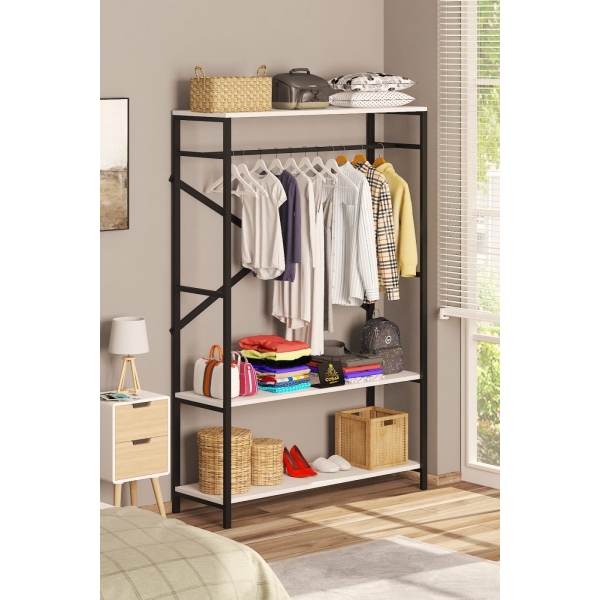 Cosargroup Alkor 180x120x35 Metal Masif Ahşap Desenli Yonga Levha Açık Giyinme Dolap Portmanto Askılık