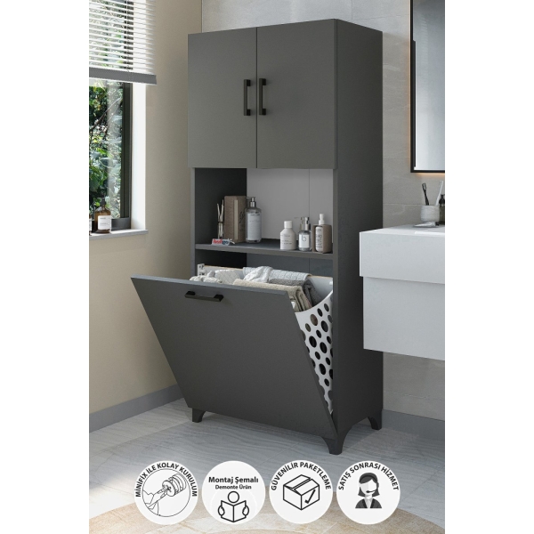 Bofigo Çok Amaçlı Dolap Banyo Dolabı Kirli Çamaşır Sepeti Dolabı Damla Antrasit