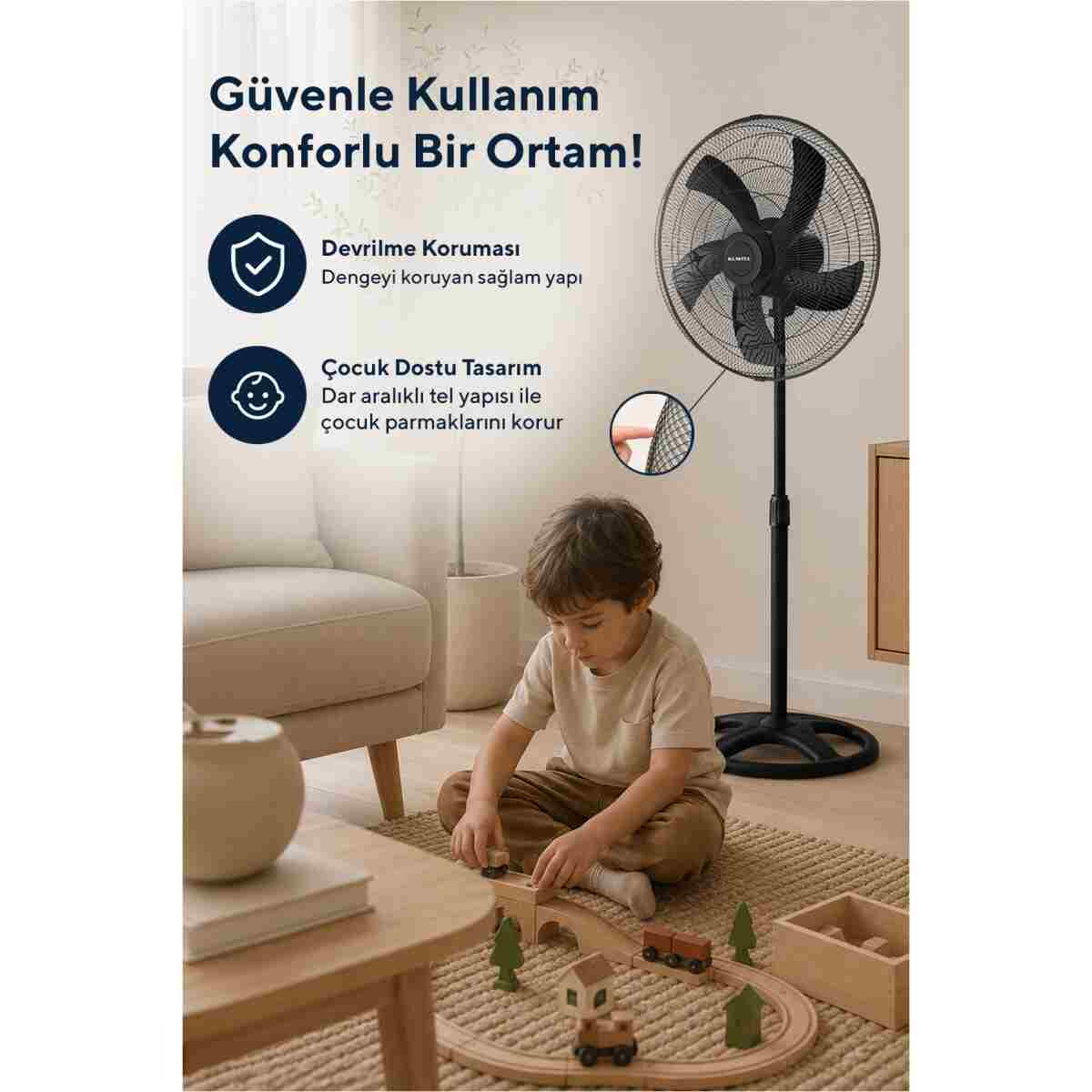 KUMTEL KTF-345 Siyah 18 İnç Ayaklı Vantilatör 60 W, 5 Pervaneli, 3 Kademeli, 132 cm - Görsel 12