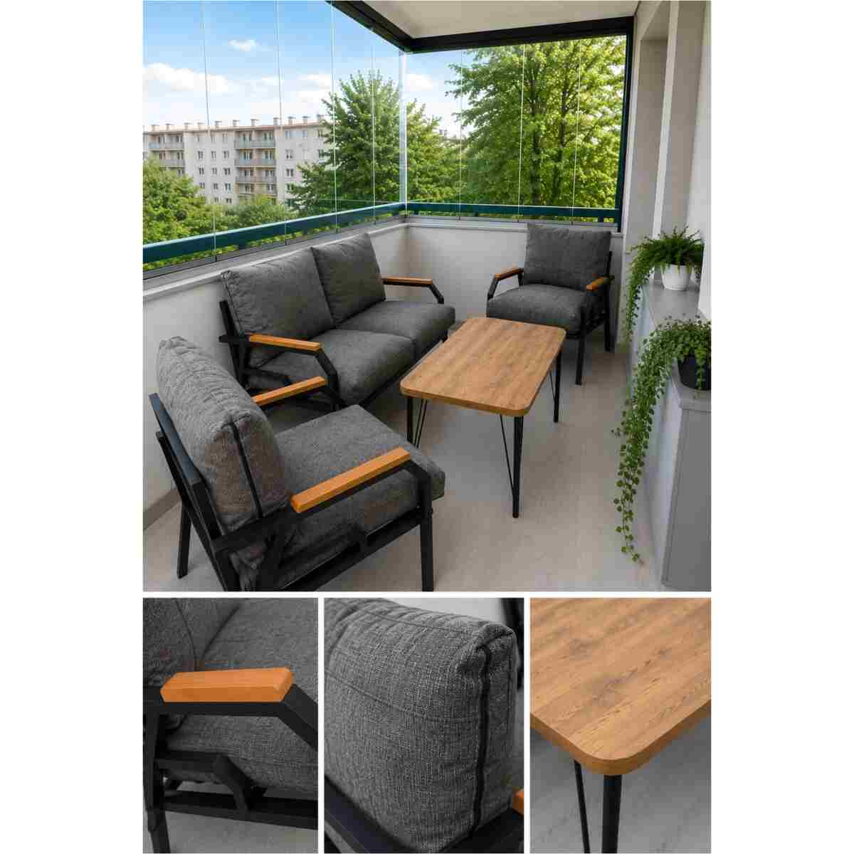 Dekoport Kutay Balkon Takımı, Bahçe Takımı, Çay Seti Koltuk Takımı, Metal Kanepe 2-1-1 50x80 Masalı Gri - Görsel 2
