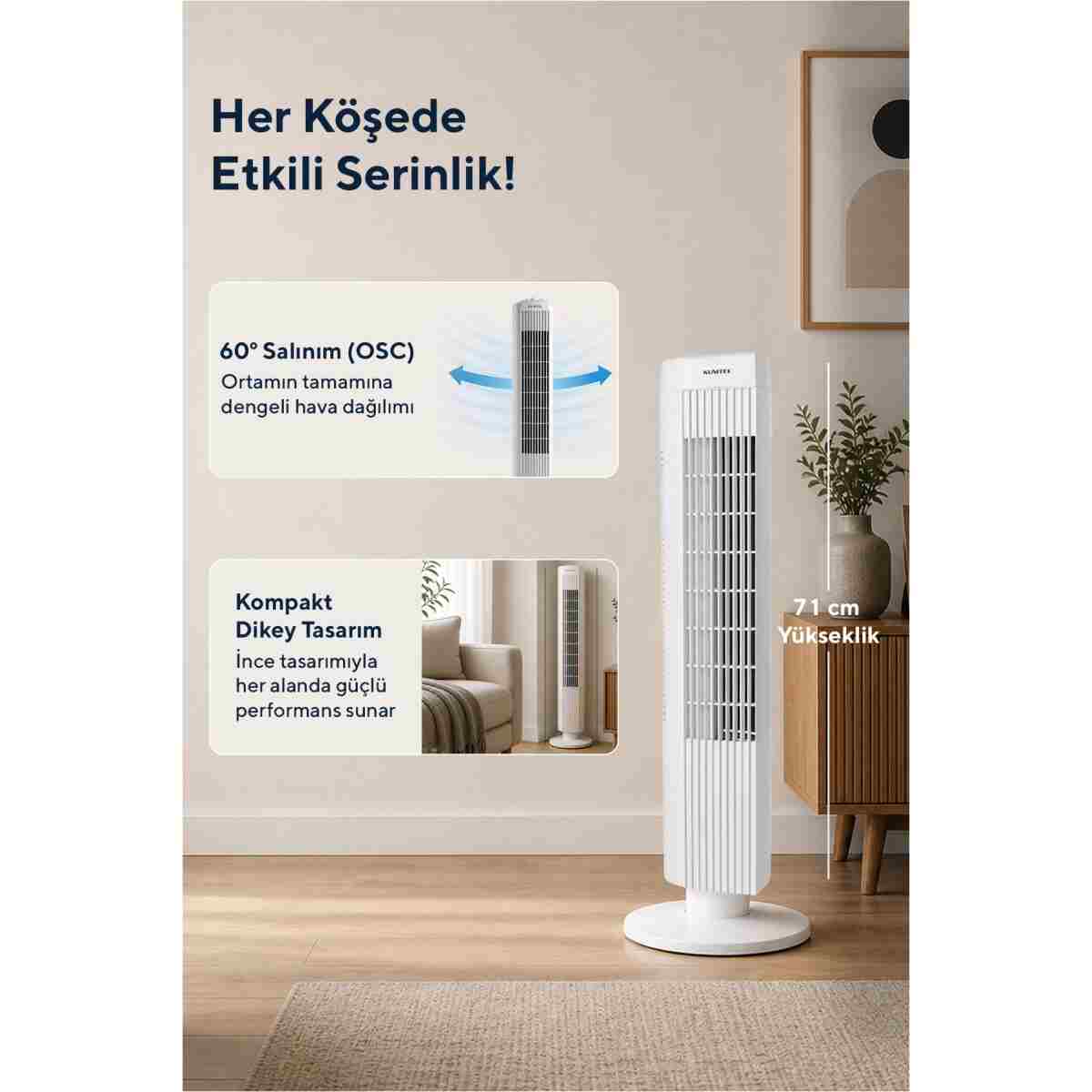 KUMTEL KTF-258W Kule Tipi Beyaz Vantilatör – 50W, Zaman Ayarlı, 3 Hız Kademeli, Sessiz Çalışma - Görsel 10