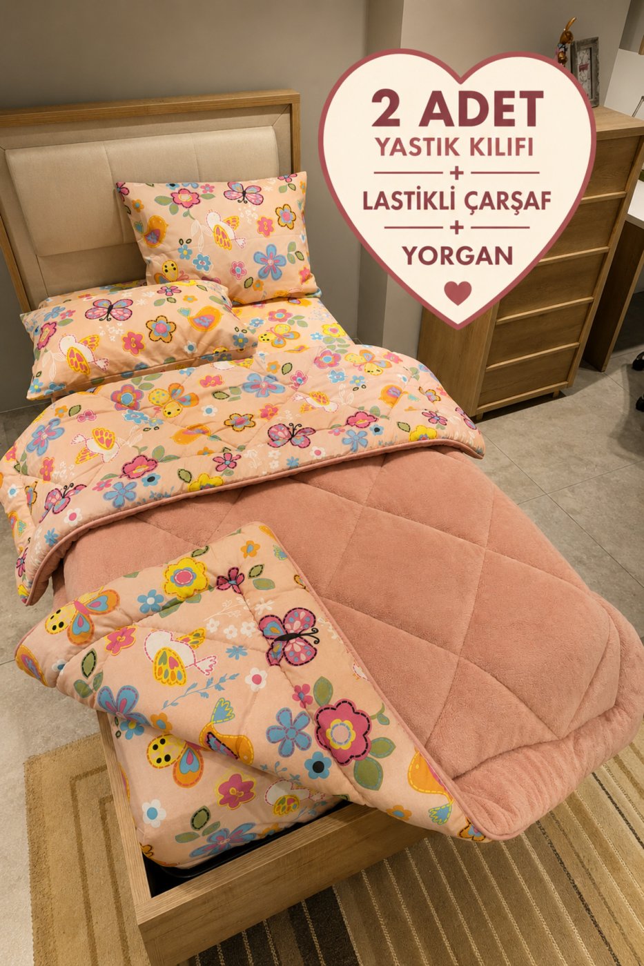 0d7b20ebe44b65f3d50e24e8102ce324 Violacasa Tek Kişilik Welsoft Pufidik Uyku Seti (Lastikli Çarşaflı) Pudra Flower - Görsel 1