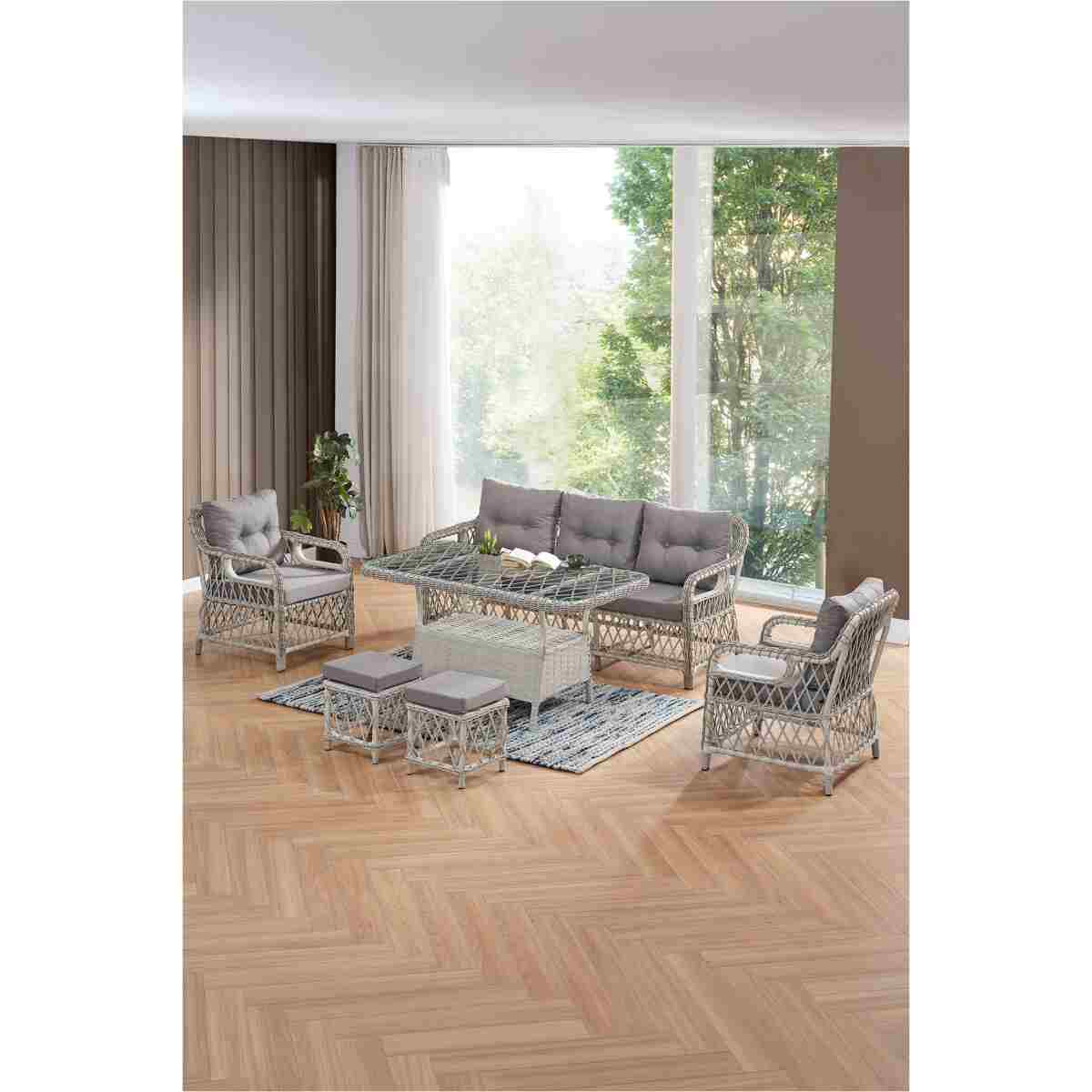 Evdemo Edra Rattan Puflu Bahçe Balkon Takımı 3+1+1+Camlı Masa Cappuccino - Görsel 9