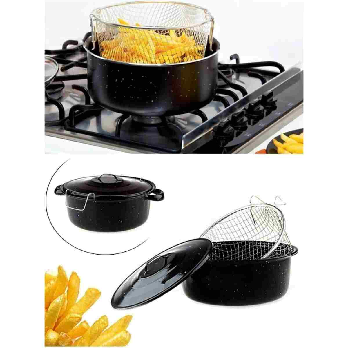 ENASHOP Siyah Kapaklı Emaye Cips Fritöz Kızartma Tenceresi - Pratik ve Kullanışlı - Görsel 6