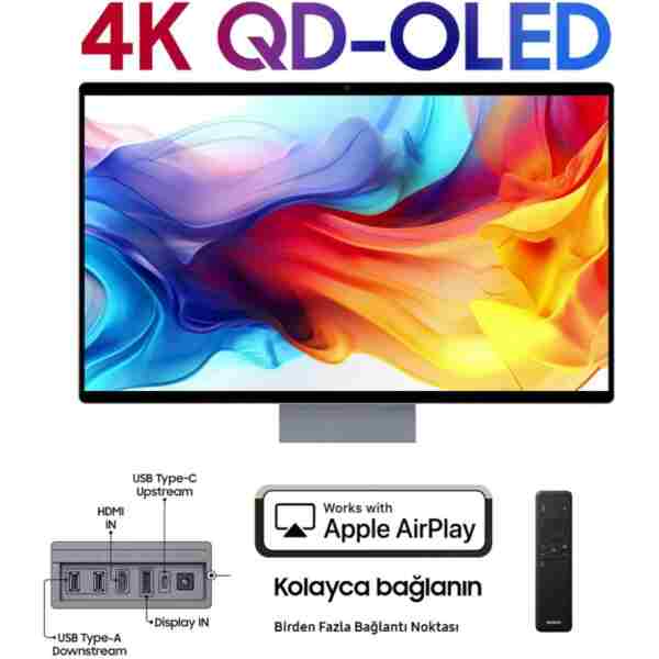 Samsung 32 inç QD-OLED Smart Monitör TV, 4K çözünürlük, 165Hz hız, 0.03ms tepki, HDMI 2.1 ve DisplayPort bağlantı, AI akıllı görüntü, siyah tasarım, oyun ve sinema için premium ekran sunar