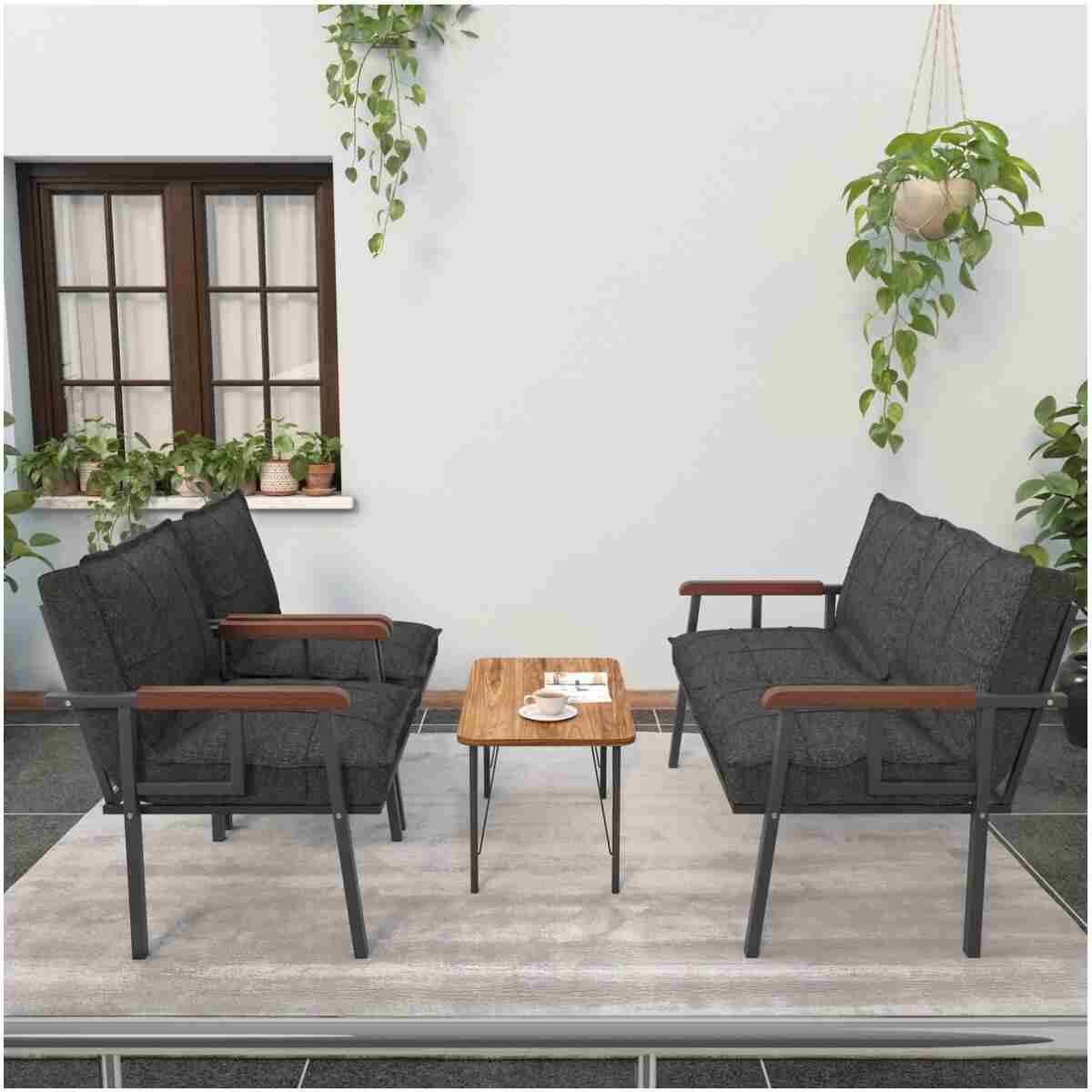 Mygusi " Modern'' Serisi Balkon, Bahçe, Cafe - Metal Kanepe Koltuk Takımı - 2 1 1 Sehpa Hediyeli - Antrasit - Görsel 2