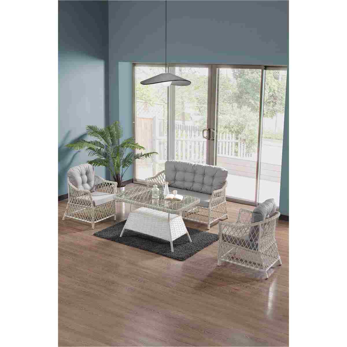 Evdemo Icon Rattan Bahçe Balkon Oturma Takımı 2+1+1+Camlı Masa Cappuccino - Görsel 8