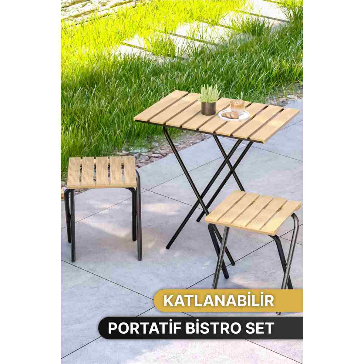 Bino Bahçe Masası Kamp Masası Yükseklik Ayarlı Masa Sandalye Bistro RENKLİ Kamp Masası Taburesi 3'lü Set - Görsel 8