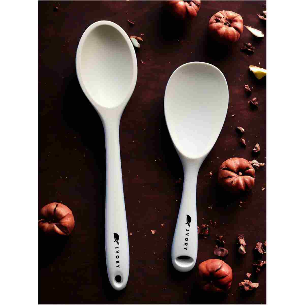 Multiamo İvory Sert Uçlu Isıya Dayanıklı Yanmaz Yapışmaz Silikon Uzun Kaşık 28 Cm + Kısa Kaşık 22 Cm / 2 Adet - Görsel 9